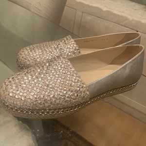 Stuart Weitzman Chain-trimmed Woven Metallic Leather Espadrille Flats